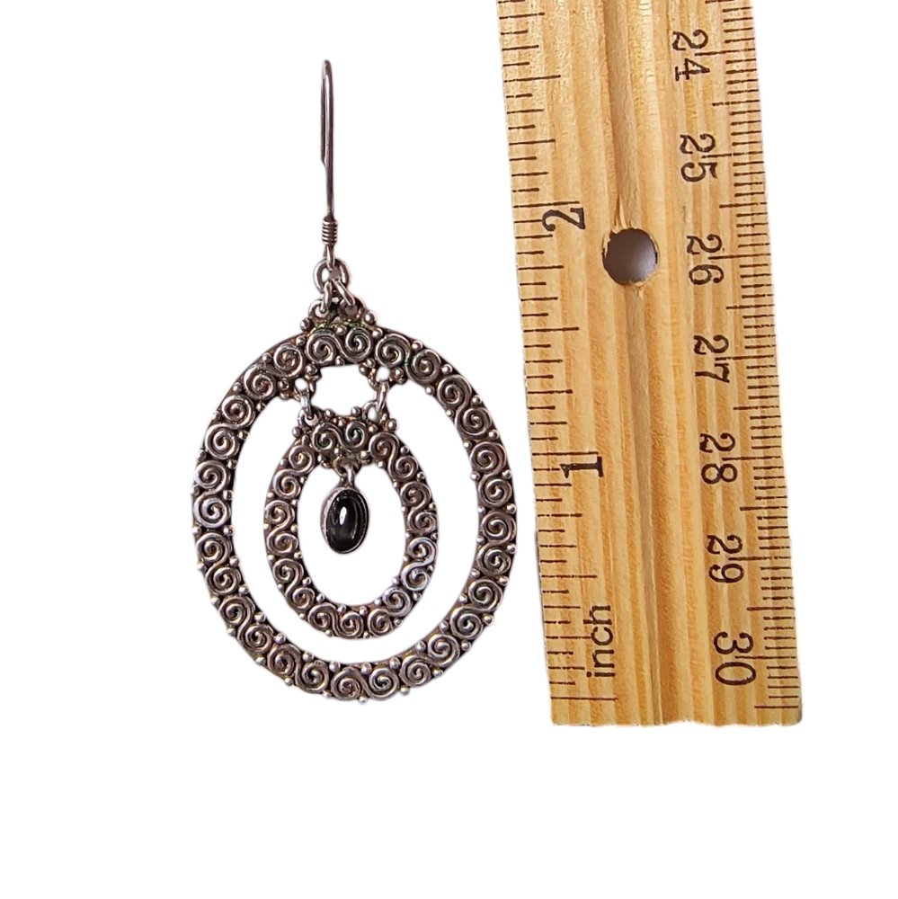 Vintage Sajen Black Onyx And Sterling Silver Textured Oval Dangle Earrings - Picture 3 of 9